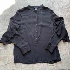 Club Monaco XS black long-sleeve blouse with ruffled sleeves